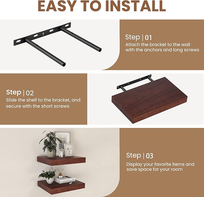 Floating Shelves for Wall, Real Wood Floating Shelf Set of 2, 8 Inch Deep Floating Shelves, Rustic Wood Wall Shelf for Home Decor, Deep Storage Shelves for Bathroom, Kitchen, 16"W x 8"D, Walnut Color