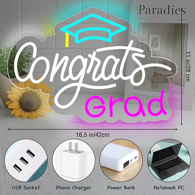 Congrats Grad Neon Sign, Graduation Light up Sign with Cap, LED Adjustable USB Powered Neon Light for Prom Party Class Room Dorm Photos Background Wall Art Decoration Celebration Gifts (16" x 12.5")