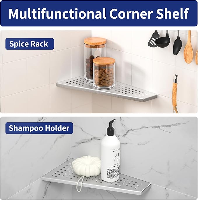 Corner Shower Shelf, 12" Trapezoid Floating Shelf, 304 Stainless Steel Grid Design Recessed Bathroom Shelf for Tiled Wall, No Drilling