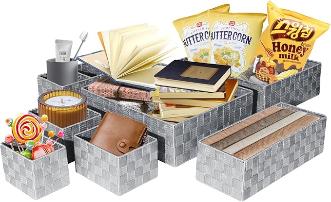 Drawer Organizer, Cube Baskets for Storage Shelves, Handmade Small Woven Basket, Shallow Storage Bins for Organizing Desk, Dresser, Kitchen, Pantry, Nested 7 Pack, Gray