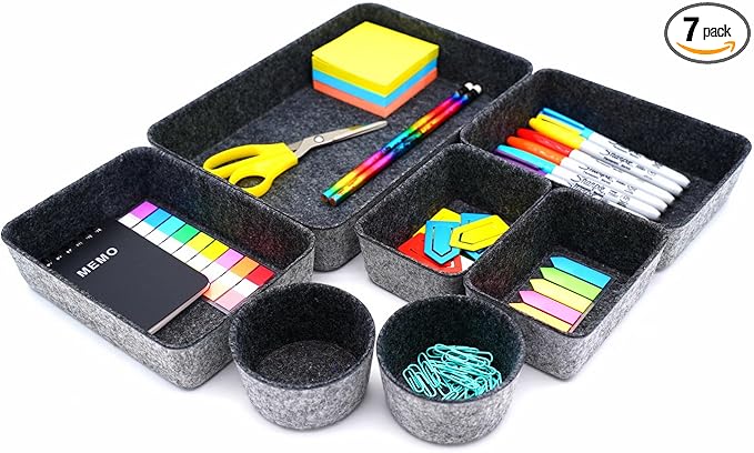 Welaxy Drawer organizer felt trays desk storage bins dividers small drawers organizing box for office supplies interior cozy decor catchall entryway key holder 7-piece back to school (Charcoal)