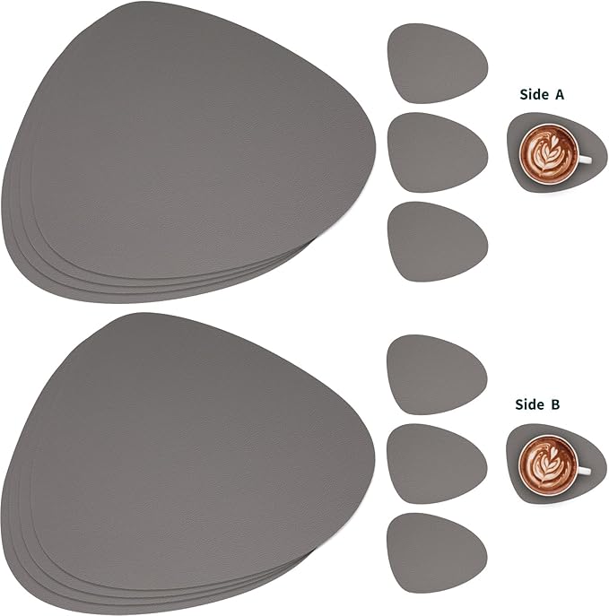 Myir JUN Placemats, Dual-Sided Placemats Waterproof Faux Leather Placemats Set of 4 Place Mats and Coasters Non-Slip Washable Table Mats for Dining Table (Gray, Set of 4)