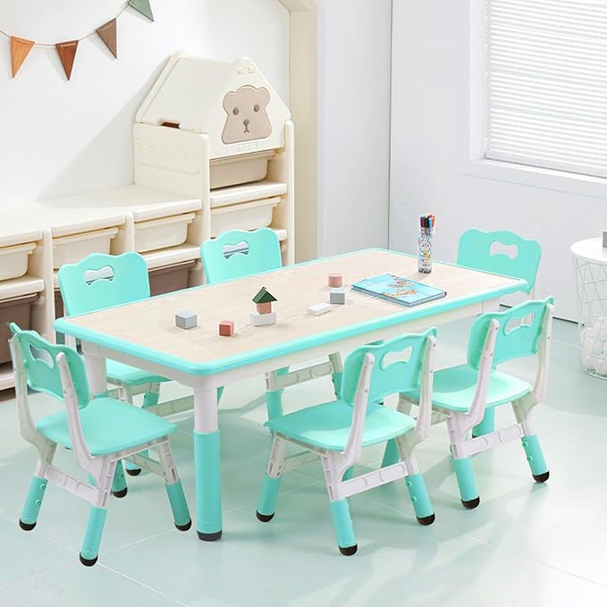 Kids Table and 6 Chair Set - Height Adjustable, Multifunctional Desk, Ergonomically Designed Chairs, Max 300lbs, for Ages 2-10, Classroom, Daycares, Home