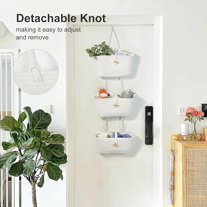 DULLEMELO Hanging Basket with Button Strap 3-Tier Woven Cotton Hanging Wall Baskets for Storage, Boho Wall Decor Hanging Storage Basket with Button Strap, White