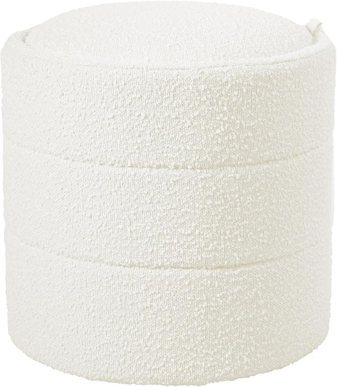 HomePop Storage Round Ottoman with Removable Lid Home Décor|Upholstered Round Foot Rest Ottoman - Cream Boucle