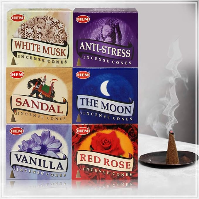 Hem Incense Cones Variety Pack #6 and Cone Incense Burner Bundle with 6 Most Admired Fragrances