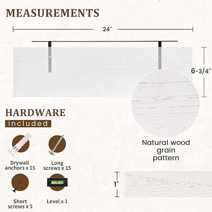 Marsmiles Wood Floating Shelves for Wall Storage, 24 inch Wide Set of 2, Invisible Wall Mounted Rustic Wooden Display Shelves for Living Room Bathroom Bedroom Kitchen Office,White