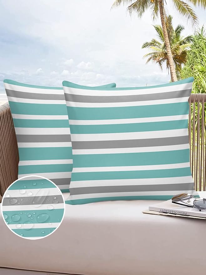 Outdoor Waterproof Throw Pillow Covers Set of 2 Grey Teal Stripes Decorative Outdoor Pillows Cushion Case 24x24 Inch Classic Striped Patio Pillows for Couch Sofa Bed Garden Office Home Decor