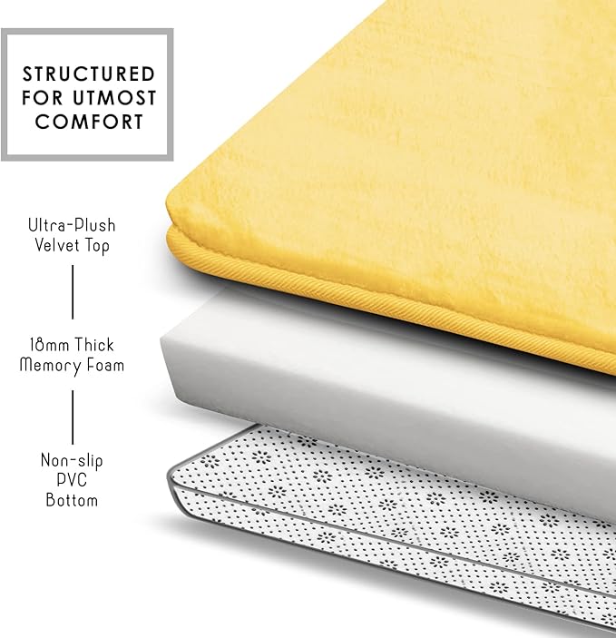 Clara Clark Bathroom Rugs, Velvet Memory Foam Bath Mat, Non-Slip, Machine Washable Bath Rugs - Dries Quickly, Ultra Soft Plush Bath Mats for Bathroom, 20 x 32, Mellow Yellow