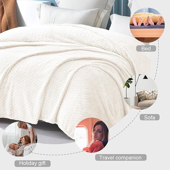 Exclusivo Mezcla Off White Fleece Queen Size Blanket for Bed, 90x90 Inches Soft Cozy Jacquard Flannel Blankets, Lightweight Fuzzy Plush Warm for All Seasons