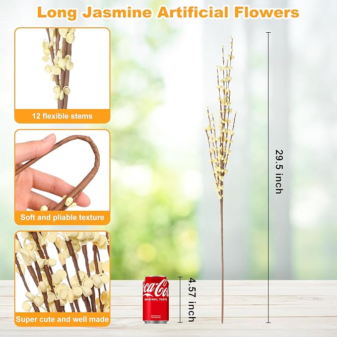 5 Pcs 29.5" Long Jasmine Artificial Yellow Flowers Fake Jasmine Flowers Bouquet Faux Plant for Home Office DIY Floral Art Plant Wedding Party Table Centerpieces Decoration (Macaron Yellow)