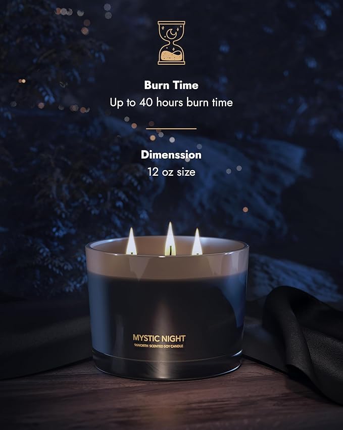 96NORTH Luxury Black Candle | Large 3-Wick Jar Candle | Up to 40 Hours Burning Time | 100% Natural Soy Wax | Relaxing Aromatherapy Aesthetic Candle | Housewarming Gift for Men and Women
