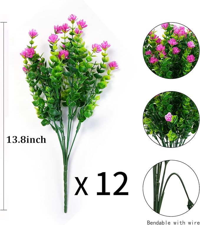 12 Bundles Artificial Flowers for Outdoors Decoration, UV Resistant Faux Flowers Shrubs, Fake Flowers for Indoor Outside Garden Home Wedding