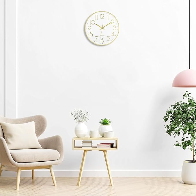 Lumuasky Gold Wall Clock 12 Inch Silent Non-Ticking Battery Operated Round Modern Clock for Living Room Bedroom Kitchen Home Office Decor
