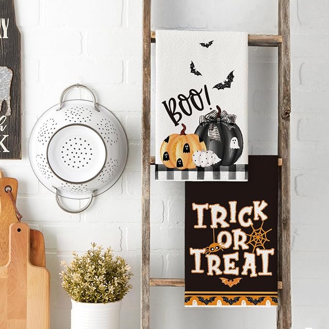 Artoid Mode Black Pumpkins Ghost Boo Happy Halloween Kitchen Towels Dish Towels, 18x26 Inch Trick Or Treat Decoration Hand Towels Set of 4