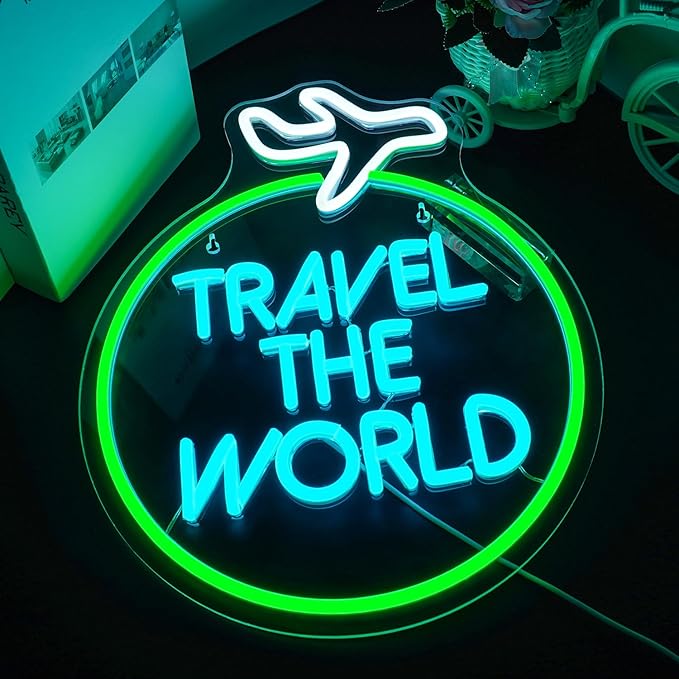 Lucunstar Travel the World Neon Sign Green Neon Lights White LED Sign Airplane Neon Signs for Wall Decor LED Lights Neon Light Sign for Bedroom Bar Man Cave Neon Wall Signs for Teen Neon Rope Light