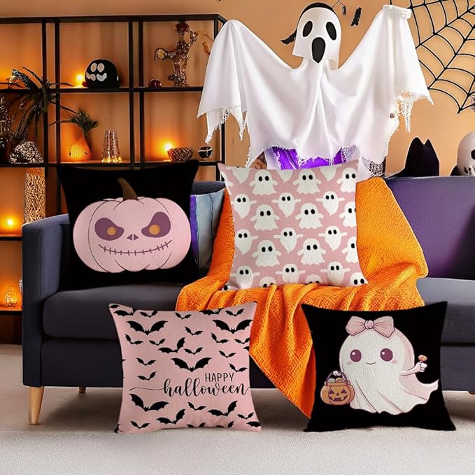 Halloween Pillow Cover 20x20 Inch Set of 4 Black White Skeleton Crow Spider Throw Pillow Covers Indoor Outdoor Farmhouse Decorative Pillow Case Halloween Home Sofa Bed Living Room Couch Decor