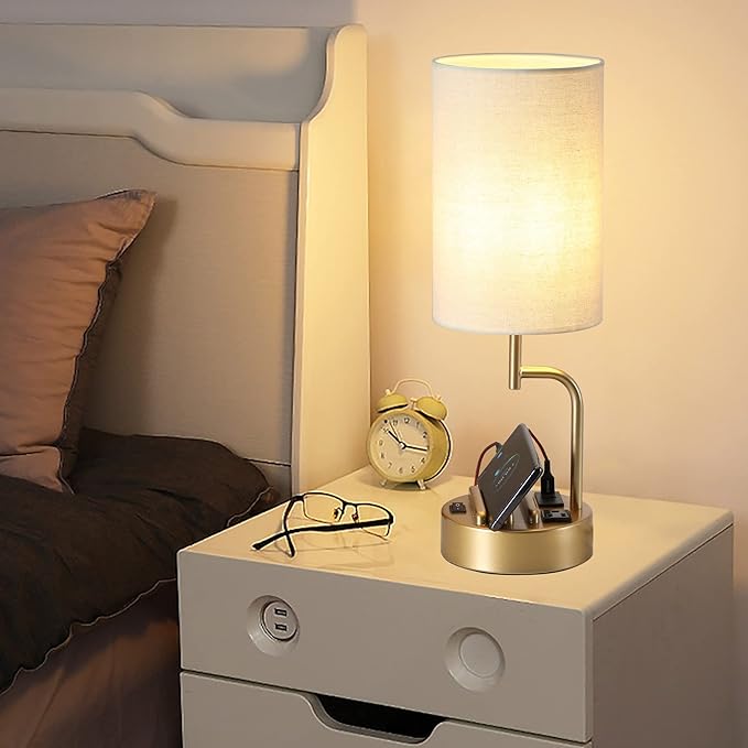 Dreamholder Table Lamp with 3 USB Charging Ports, Modern Desk Lamp with AC Outlet and Phone Stands, Perfect Bedside Lamp for Bedroom, Living Room, Office (Pack of 2), Gold