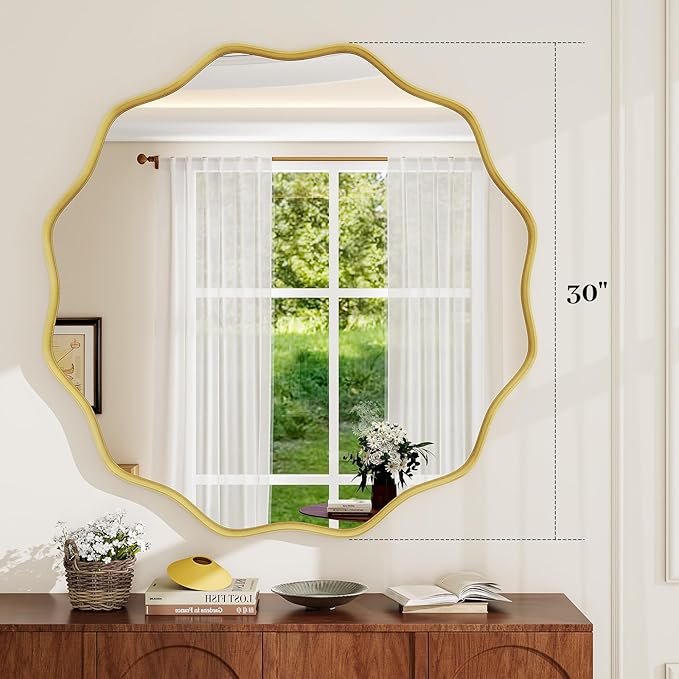 Round Wavy Mirror, 30 Inch Metal Frame Circle Mirror, Round Wall Mounted for Entryway, Bathroom, Vanity, Living Room, Gold