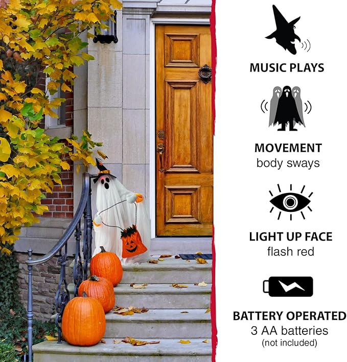 Haunted Hill Farm Friendly Ghost Halloween Animatronic with Touch Activated Lights and Music, Battery Operated Indoor or Covered Outdoor Halloween Decorations, Cute and Modern Halloween Props for Home