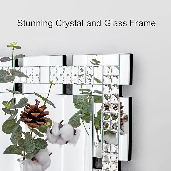 Chende 32" x 47" Large Wall Mirror for Decor, Living Room Decorative Mirror with Crystal, Beveled Edge and Glass Frame, Modern Rectangular Wall Decor Entrance, Fireplace, Home Office