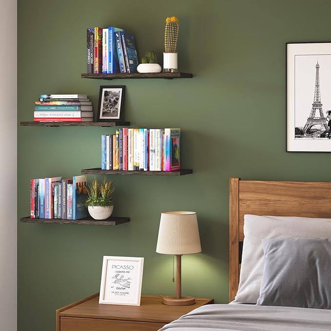 Fixwal Floating Shelves for Room Decor, 4 Sets Wall Storage, Wood Mounted Shelf for Bedroom, Bathroom, Book Shelf, Dark Carbonized Black