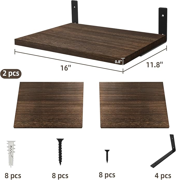 Floating Shelves, 12" Deep, Large Capacity Wood Wall Mounted Rustic Farmhouse Shelves for Home Decor(Living Room Kitchen Bathroom Bedroom),Storage and Display Shelf 2 Set (Dark Brown)