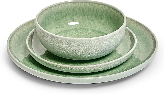 Sango Asher 12-Piece Stoneware Dinnerware Set – Service for 4, Modern Green with Reactive Glaze, Perfect for Everyday Dining & Entertainment, Microwave & Dishwasher Safe