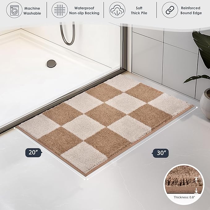PURRUGS Bathroom Rug Non-Slip Machine Washable 20" x 30", Super Absorbent and Quick-Dry Bath Mat, Extra Soft and Plush Bath Rug for Shower, Bathtub and Sink, Beige & Grayish Brown