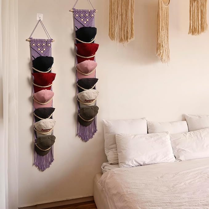 Ball Cap Hanger-1 Pack-Boho Macrame Cap Holder Wall Hat Organizer for Baseball Cap Holder Over Door, Hat Rack for Wall, Cap Rack for Decoration and Display(purple)