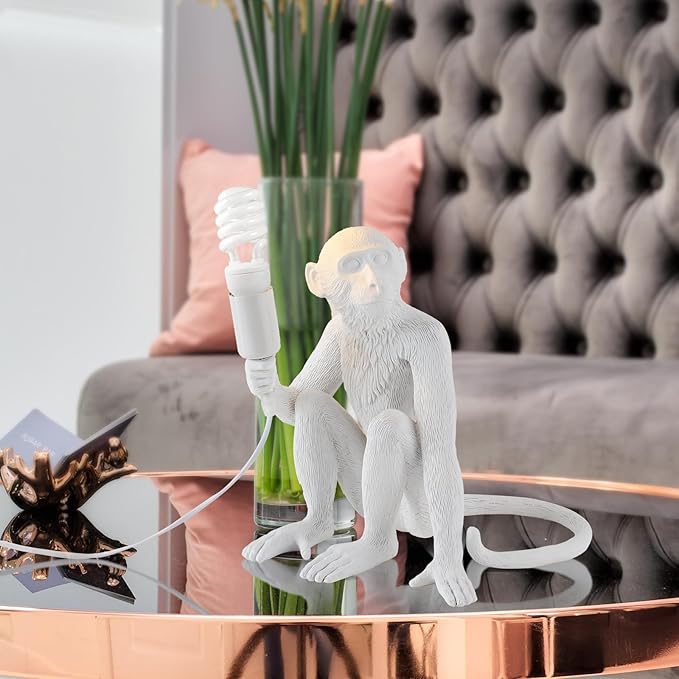 Modern Resin Monkey Wall & Table Lamp - Hemp Rope Pendant Light for Home Decor - Dining, Living Room, Bedroom, Entryway (White)