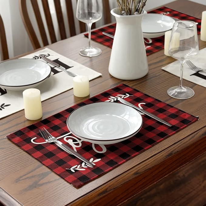 Artoid Mode Placemats for Dining Table Red Buffalo Plaid Love Home Family Together, 12 x 18 Inch Winter Holiday Washable Table Mat Set of 4