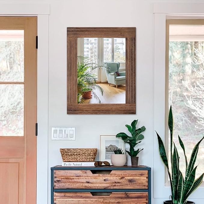 Wood Mirror Rectangular Framed Rustic Vintage Mirrors Decor Farmhouse Bedroom Bathroom Mirror for Dressing Table Entrance Large 20"x16" Brown