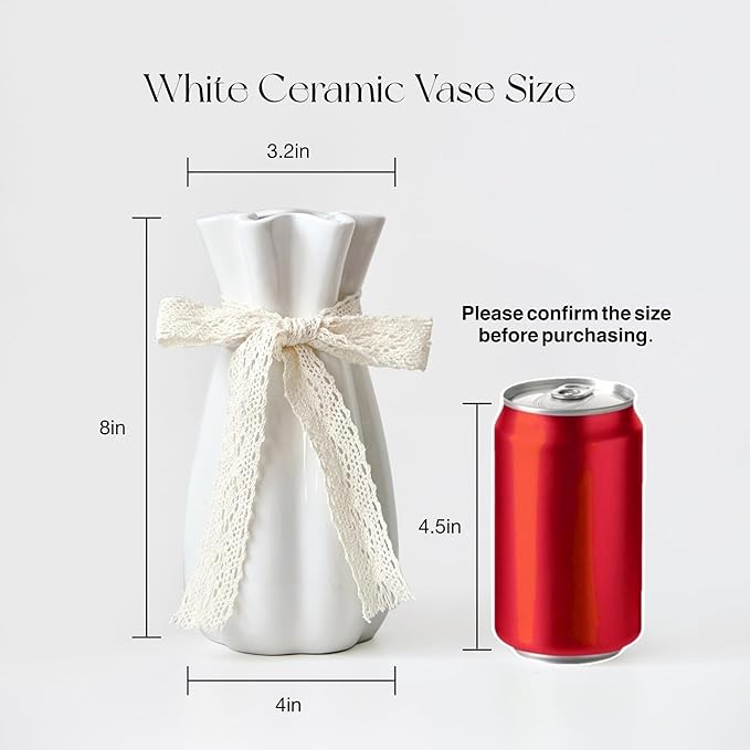 White Ceramic Flower Vase, 8'' Modern Decorative Vases Minimalism Boho Vases for Home Decor, White Vase for Table Centerpieces Living Room Office Wedding Farmhouse Decor