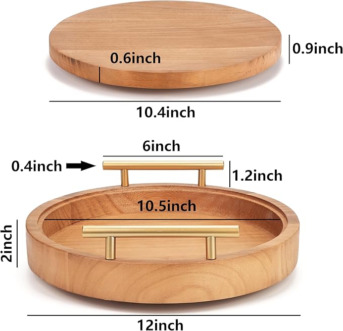 Set of 2 Wood Decorative Trays with Handles 12 Inch Round Decorative Tray for Room Decor, 2 in 1 Counter Decor Trays for Coffee Table,Round Tray for Storage and Display
