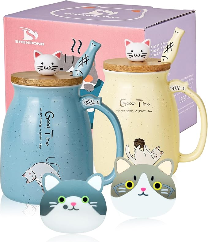 SHENDONG 2 Pack Cat Mugs Cute Ceramic Coffee Cups Set of 2 with Kawaii Bamboo Lid and Spoon Novelty Morning Cup Coffee Milk Tea Mugs - 3d Animal Cat Mugs for Cat Lovers Women Gifts(Blue and Yellow)