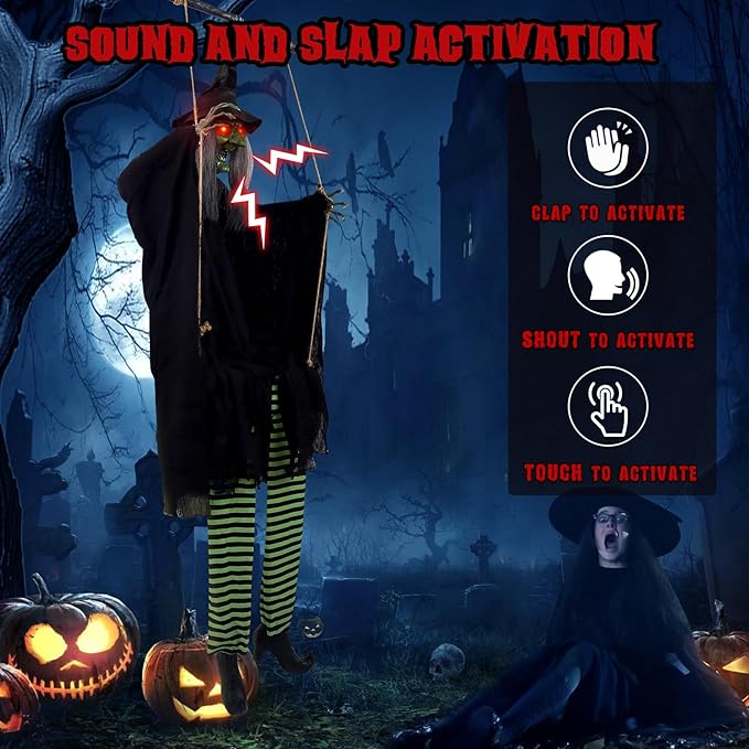 Scary Halloween Decorations Outdoor, Halloween Hanging Swinging Witch with Sound & Slap Activated, Light Up Eyes Creepy Sound Expressions, Large Scary Halloween Decor Props for Indoor Outside