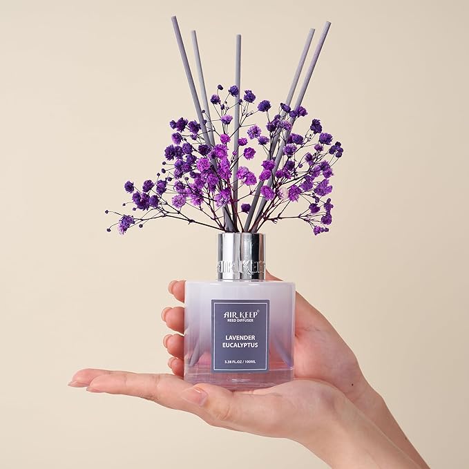 Airkeep Reed Diffuser Set,3.38 fl oz (100 ml) - Lavender Eucalyptus Oil Diffusers with 8 Reed Sticks, Home Fragrance Reed Diffuser for Bathroom Shelf Decor