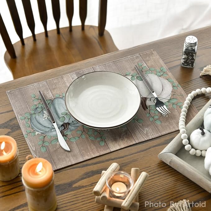 Artoid Mode Wood Pumpkins Eucalyptus Leaves Fall Placemats Set of 4, 12x18 Inch Autumn Thanksgiving Harvest Vintage Table Mat for Party Dining Decoration