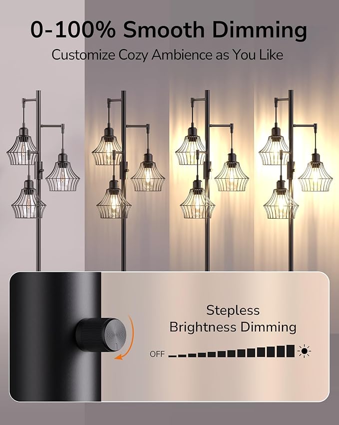ULG 3-Light Floor Lamp with Shelves 69-Inch Vintage Standing Lamp with 3 Caged Edison Bulbs 2700K Warm White Smooth Dimming Modern LED Floor Light for Living Room, Home Office, Bedroom, Matte Black