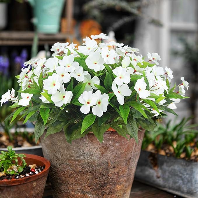 4 Pcs Artificial Flowers Outdoor Impatiens UV Resistant Silk Impatiens Flowers White Faux Flowers Impatiens Bushes Artificial Impatiens for Pot Patio Lawn Garden Hanging Basket Porch Decor