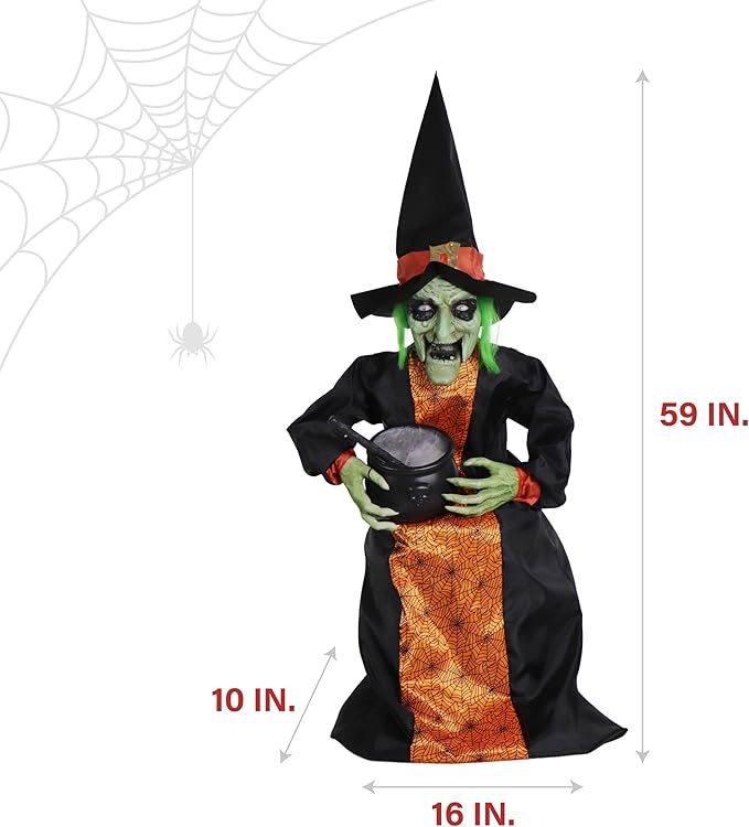 Haunted Hill Farm Sitting and Talking Witch Halloween Animatronic with Moving Mouth and Light-Up Mini Cauldron for Scary Halloween Decorations, Spooky Halloween Props, Perfect for Tabletop