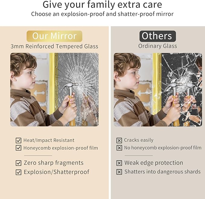Koonmi Gold Bathroom Mirror for Wall, 30x60 Inch Matte Metal Deep Framed Rounded Corner Wall Mirror, Shatterproof Tempered Glass for Farmhouse Bedroom Entryway, Vertically or Horizontally