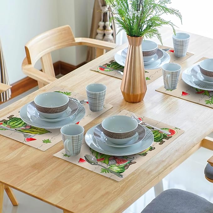 Summer Watermelon Gnomes Placemats Set of 4 12 x 18 Inch,Watercolor Red Watermelon Washable Kitchen Mats Seasonal Place Mat for Kitchen Dining Table Decor