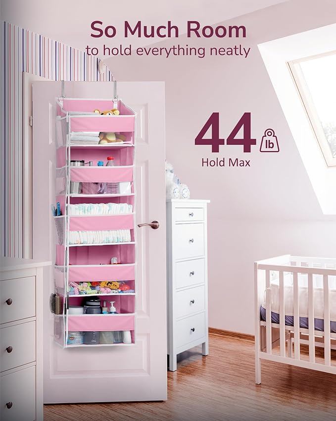 ULG 1 Pack Over Door Organizer with 5 Large Pockets 10 Mesh Side Pockets, 44 lbs Weight Capacity Hanging Storage Organizer with Clear Window Kids Toys, Shoes, Diapers, Pink