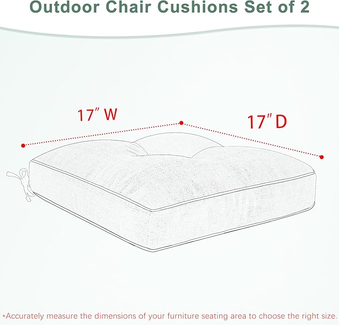 Favoyard Patio Chair Cushions 17 × 17 Inch Water Resistant & 3-Year Color Fastness Outdoor Chairs Cushion for Seat Dining Rocking Wicker Chair Cushion with Tie Straps Tufted Square Pads, Blue, 2 Pack