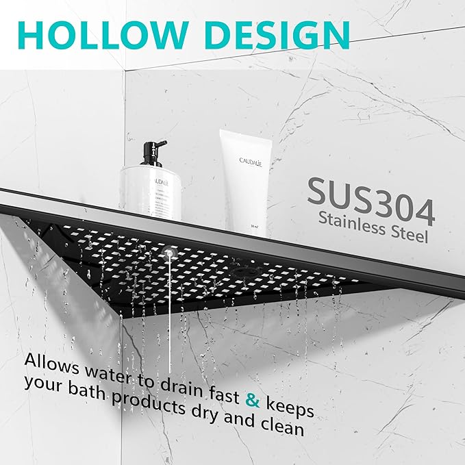 Bathroom Corner Shelf, Recessed 12" Shower Shelf Caddy, SUS304 Stainless Steel Shelf Wall Mount Triangular, No Drilling, Matte Black