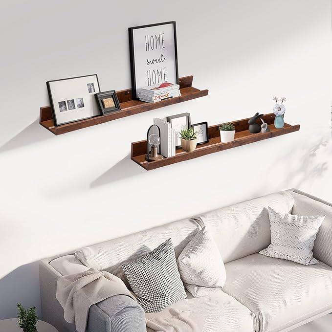 Muzilife 35.4" Large Floating Wall Ledge Shelves with Lip - Set of 2 Rustic Wood Floating Shelves - Honey Brown Wall Mounted Picture Ledge for Office, Bathroom, Bedroom, Living Room, Kitchen