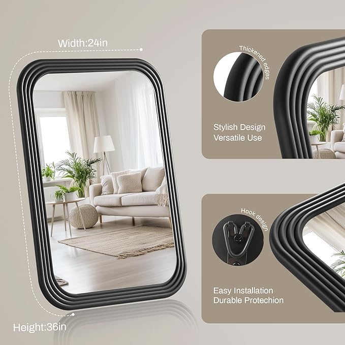 40x28 Inch Rectangle Wall Mirror with Wood Frame,Black Rounded Corners,Wall Mounted for Bathroom Vanity,Living Room,Bedroom,Entryway