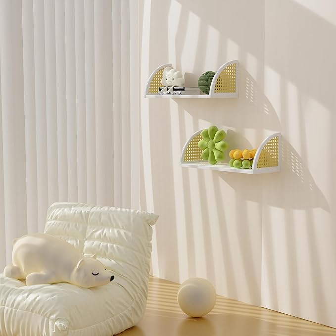 Rattan Wall Shelf 16inch Floating Shelves Rustic Wood Wall Mounted Storage Shelves for Living Room Bathroom Kitchen Boho Wall Decor,White